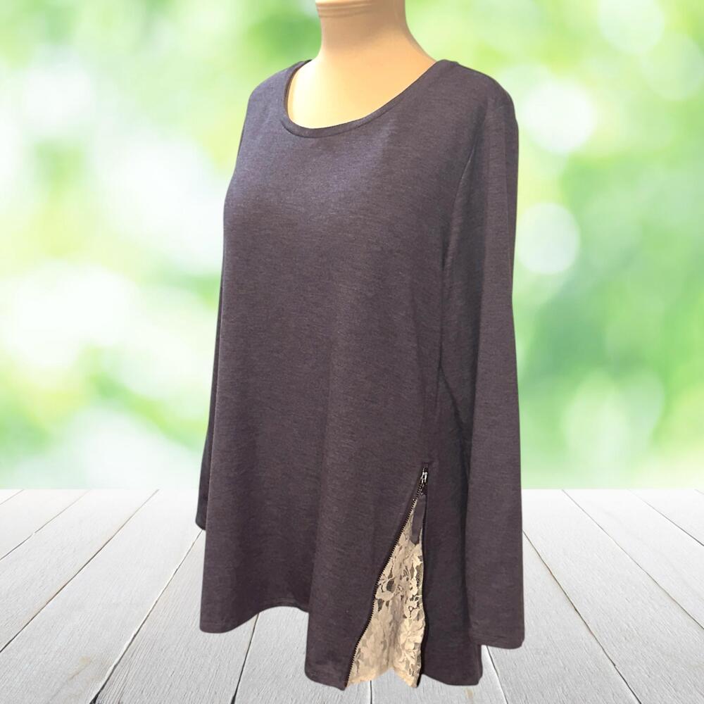 LOGO LOUNGE LORI GOLDSTEIN Tunic Top Zippers Lace Insets Purple Jersey Knit Sz L